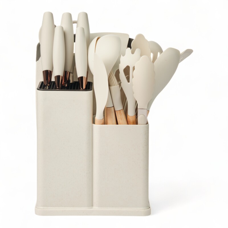 Set 19 Utensilios De Cocina Con Cuchillo Y Tabla Beige