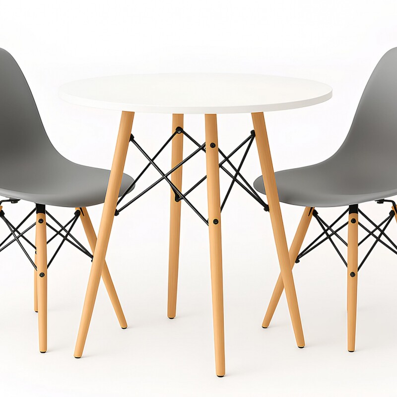 Juego de comedor Con Mesa Circular de 80cm + 2 Sillas Eames Gris