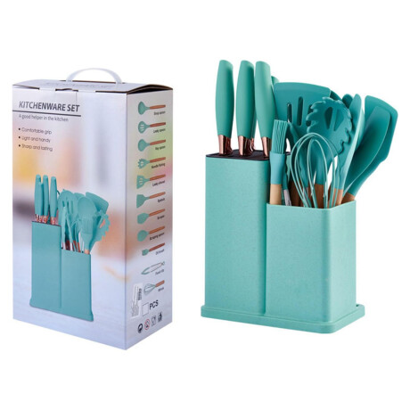 Set Cocina Menage 19Pz Utensillos Cuchillos Tabla c/Soporte Turquesa