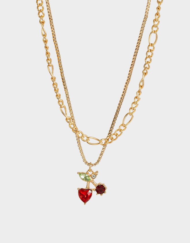 Collares Cortos Frutas Collar Doble Cadena Con Dijes De Frutas - Dorado