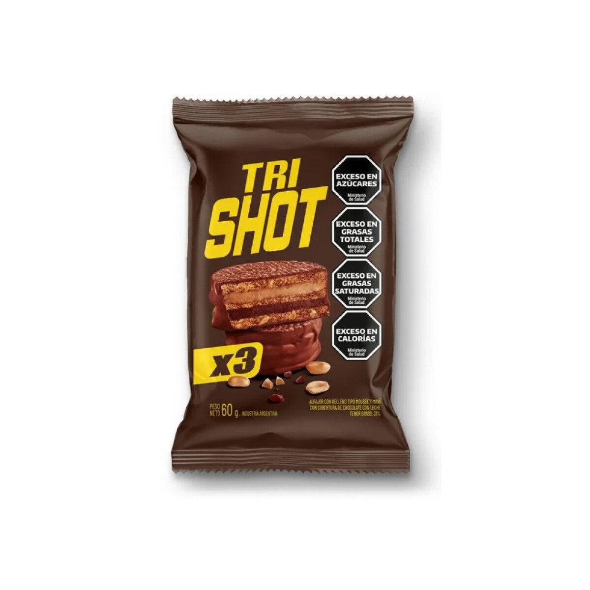 Alfajor Triple Shot 60GR con Dulce de Leche y Mani - MARRON 