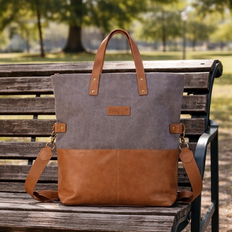 Cartera en Tela Canvas con Simil Cuero Grafito con Habano