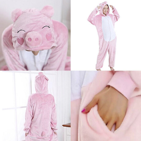 Set Adultos con Pijama Entero Cerdito + Pantuflas Unicornio Rosa