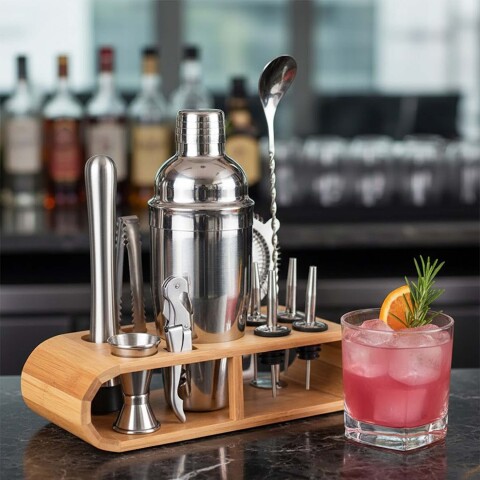 Set de Coctelería Kit 12 pcs Acero Inoxidable C/ Base Madera Plateado