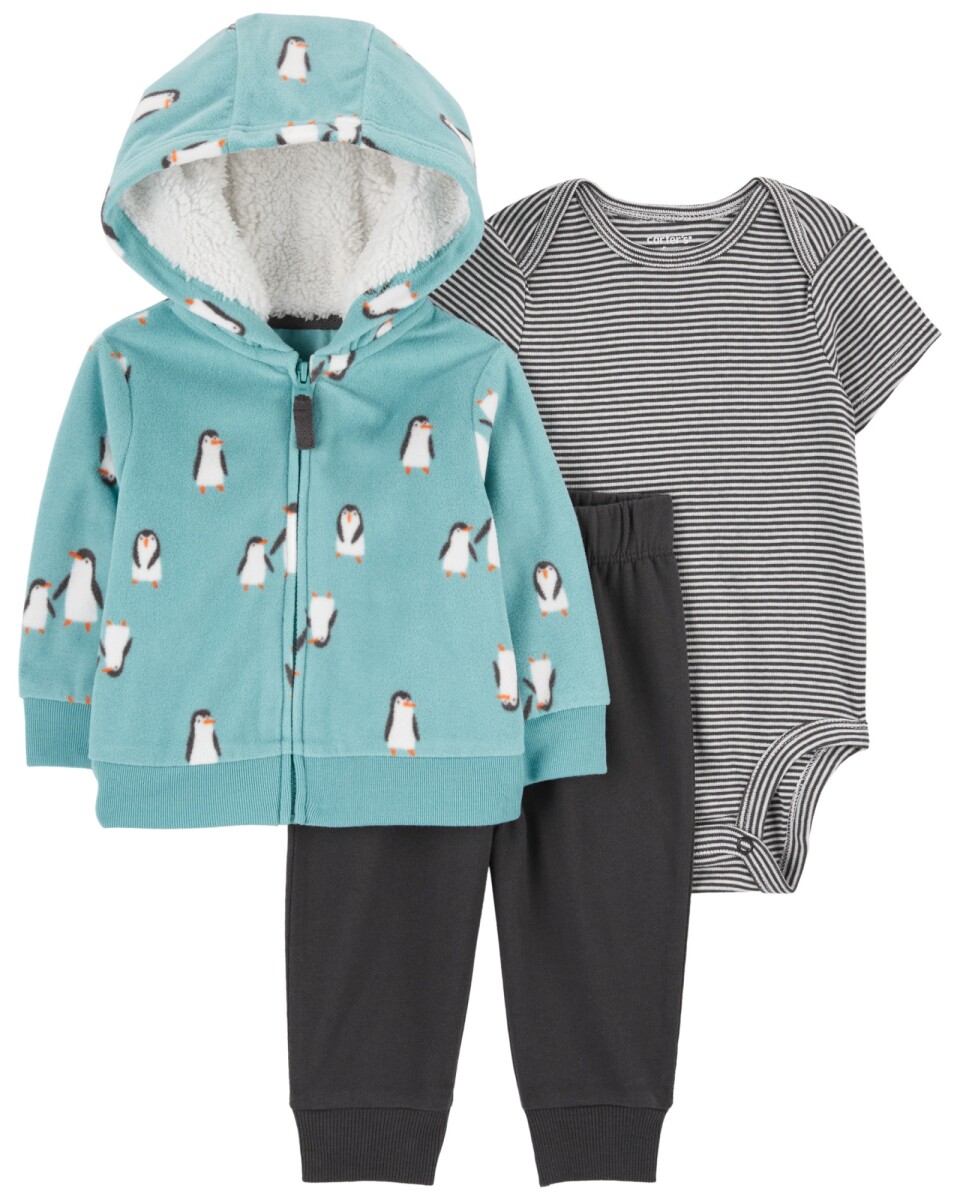 Set tres piezas, campera de micropolar, capucha forrada en sherpa, pantalón y body de algodón 