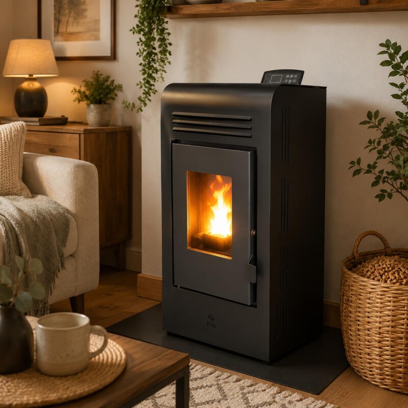Calefactor Selma a pellet WiFi - con Kit de techo 8kW Negro