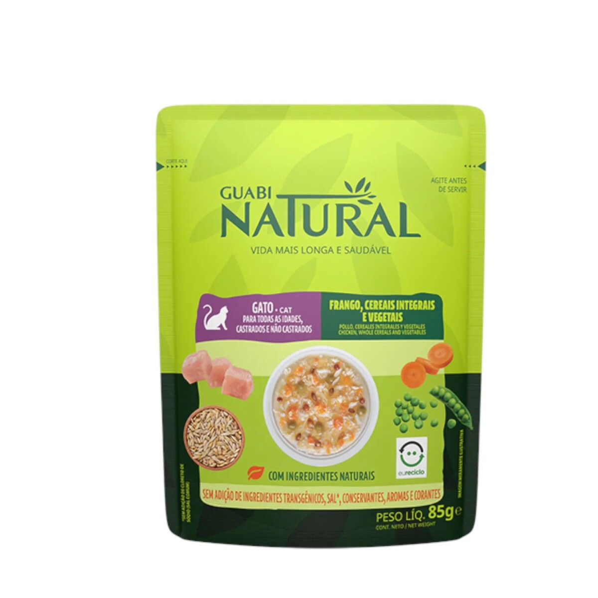 GUABI NATURAL GATO SOBRE POLLO, SALMÓN, CEREALES INTEGRALES Y VEGETALES X85G 