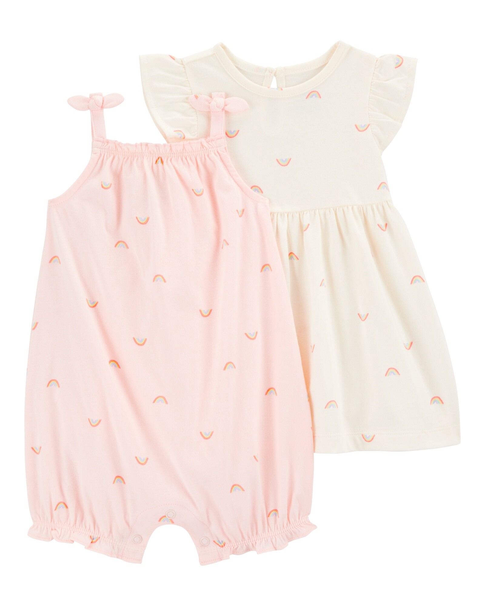 Set dos piezas de algodón, monito bombachudo y vestido, diseño arcoíris Set dos piezas de algodón, monito bombachudo y vestido, diseño arcoíris