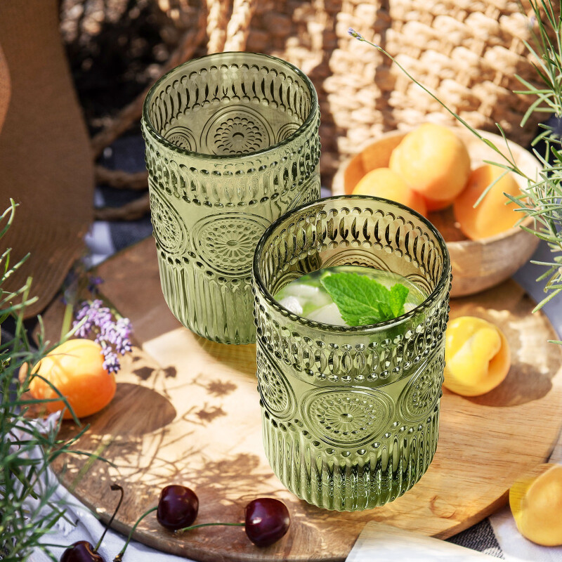 Vaso de Vidrio Labrado Largo Set 6 Unidades Verde