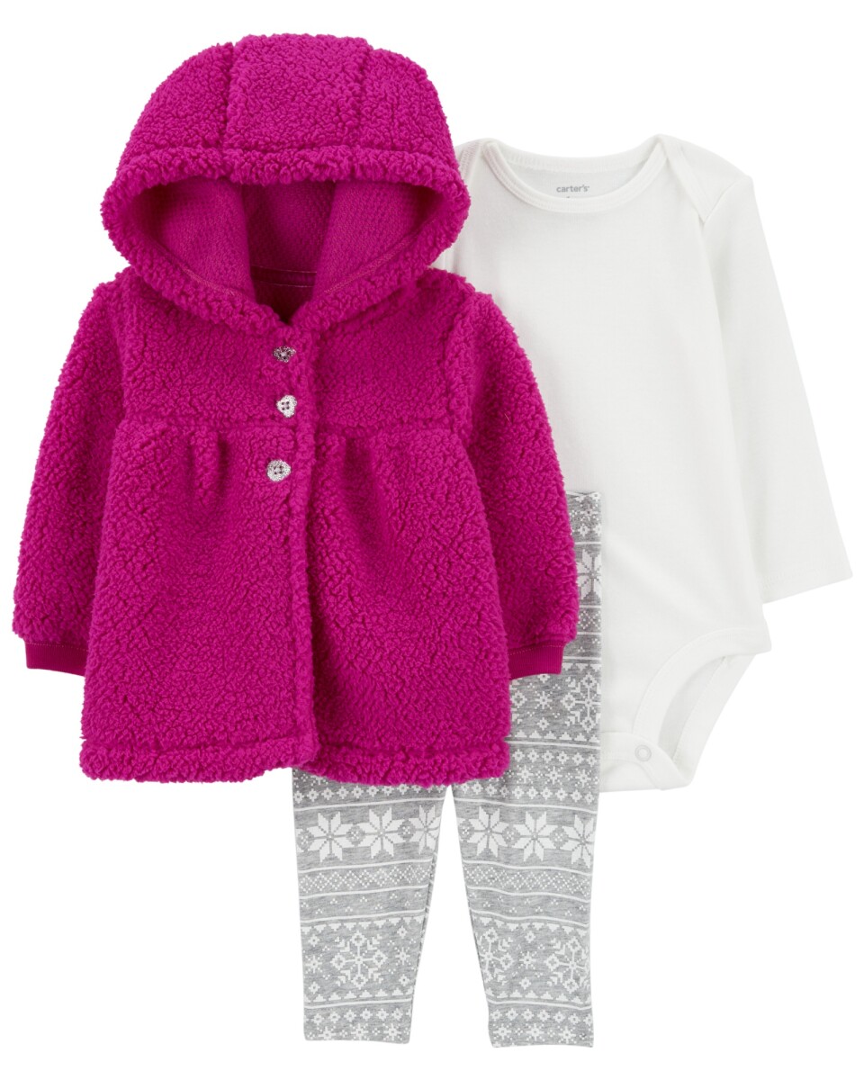 Set tres piezas, pantalón y body de algodón, más saco de sherpa 