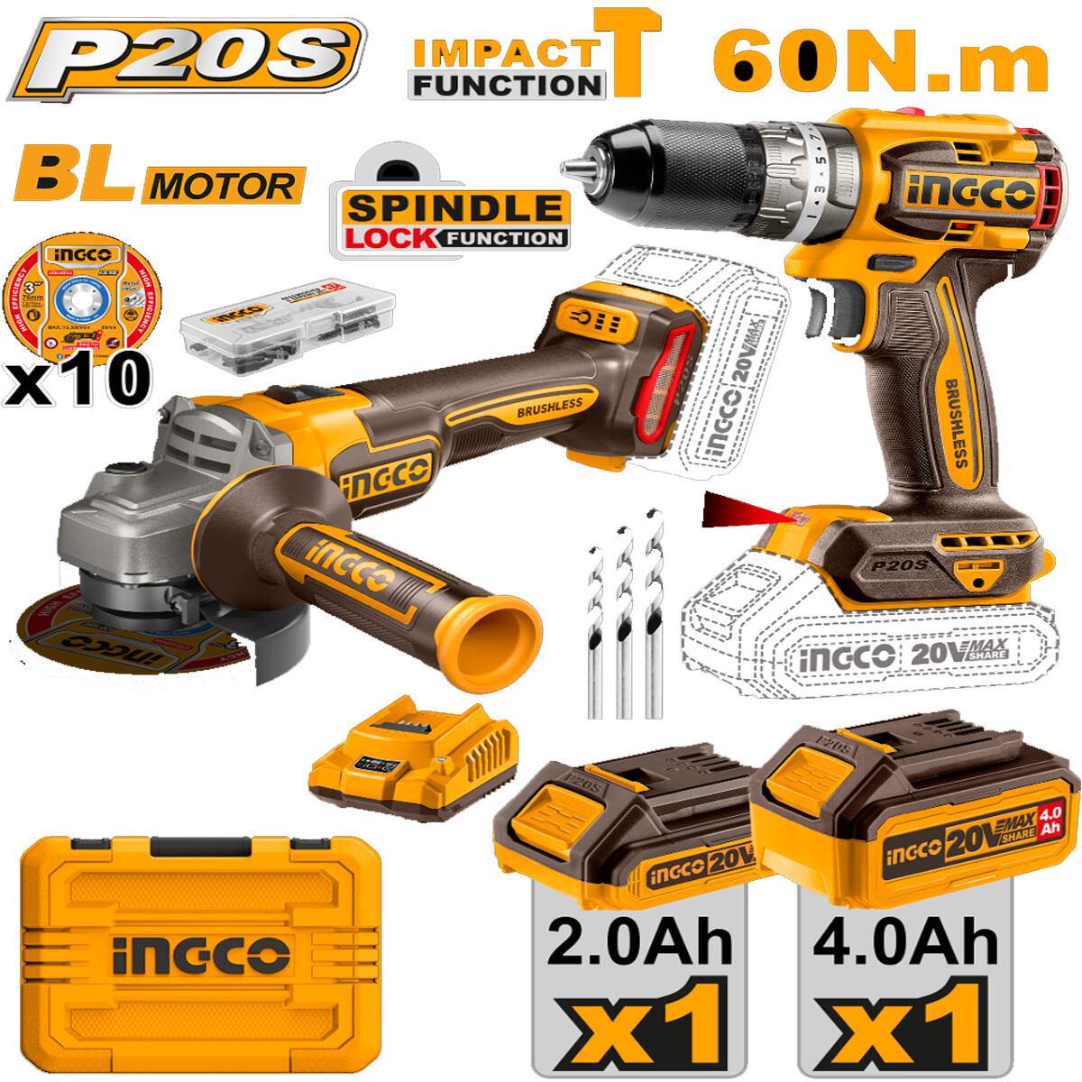 KIT ATORNILLADOR CON PERCUTOR 20V Y AMOLADORA 20V 2 BAT + CARG + VALIJA 