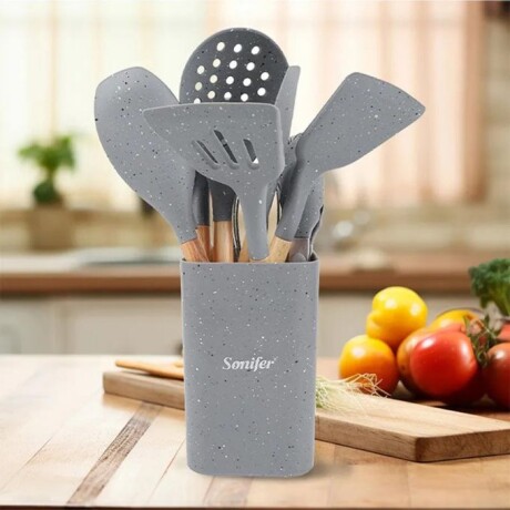 Set Utensilios Cocina Sonifer Silicona Mango Madera 9 Piezas Gris