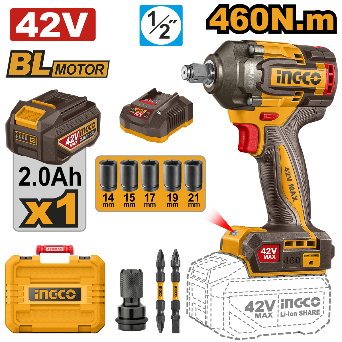 LLAVE DE IMPACTO A BATERIA 42V BRUSHLESS 460NM 1/2´´ C/BAT CARGADOR ACCESORIOS 