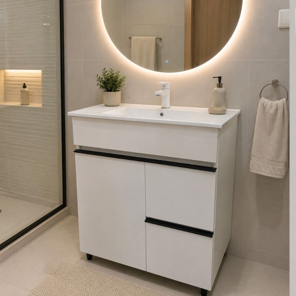 MUEBLE DE BAÑO 60 CM 1 PUERTA + 2 CAJONES - MESADA DE LOZA NEVADA 