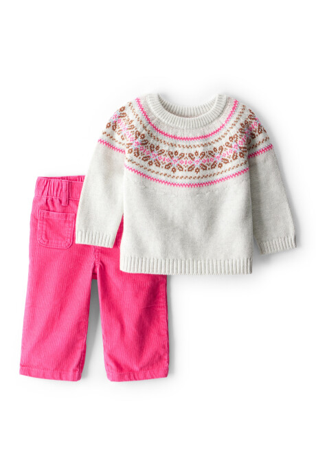 Set dos piezas, pantalón de pana rosa y buzo de algodón, diseño Fair Isle Sin color