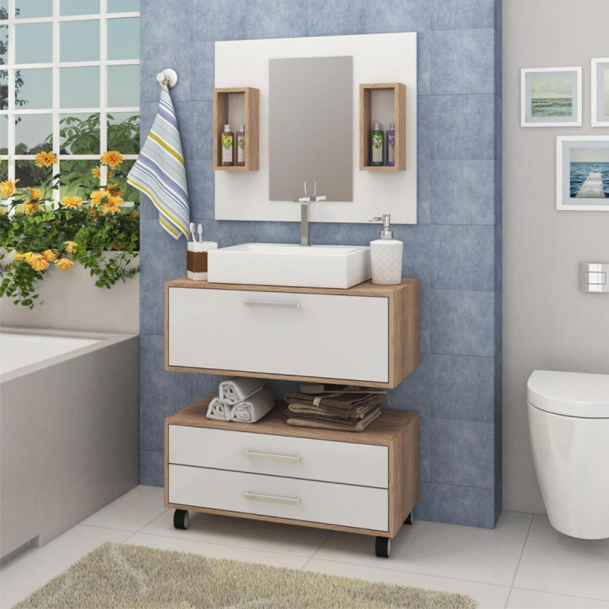 Mueble de baño con espejo repisa ruedas y cajones de pared 105 