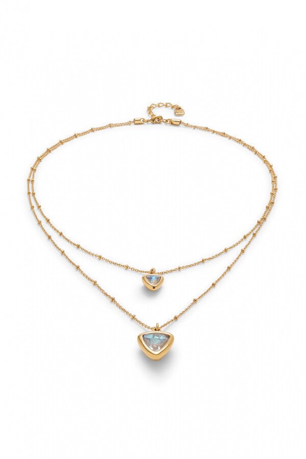 COLGANTE DE ALEACION DE METALES BAÑADO EN ORO 18K CON DOBLE CADENA Y TRIÁNGULO DE CRISTAL MULTICOLOR Colgante