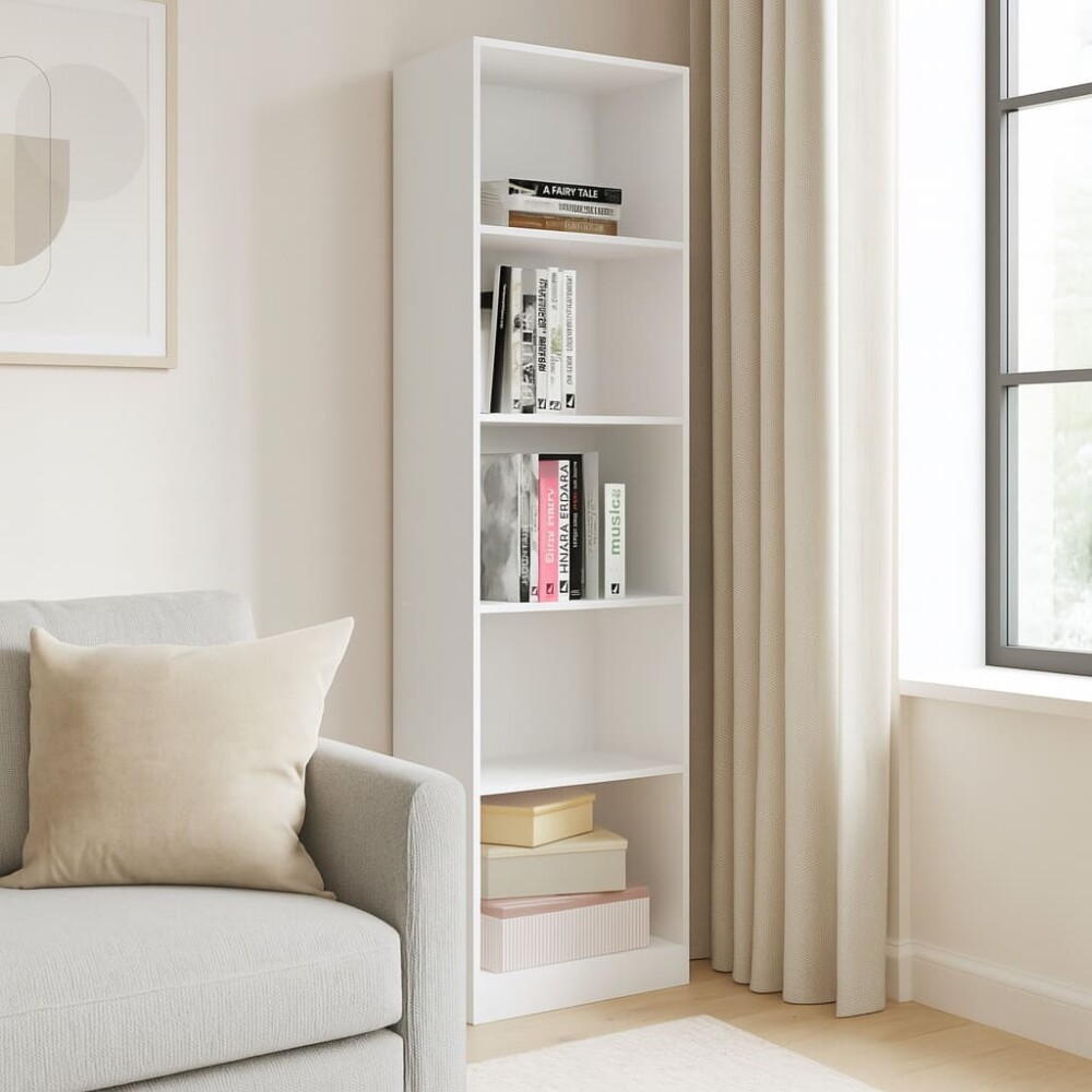Estantería multiuso blanca con libros y adornos