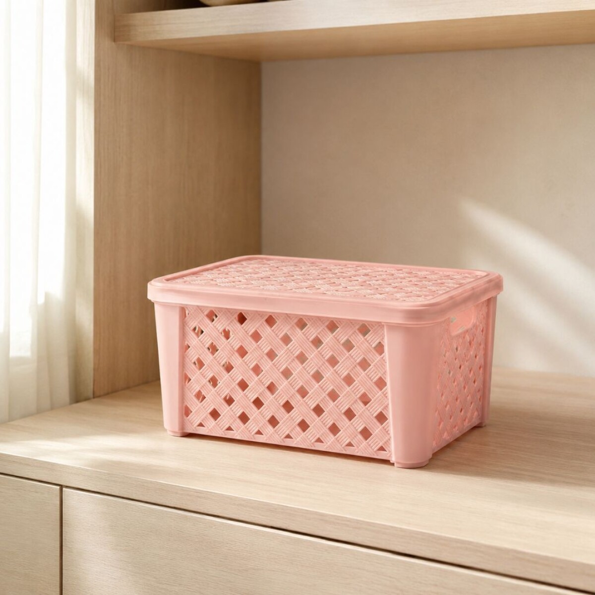 CAJA ORGANIZADORA SIMIL RATTAN CON TAPA 24X17X12CM ROSADO 