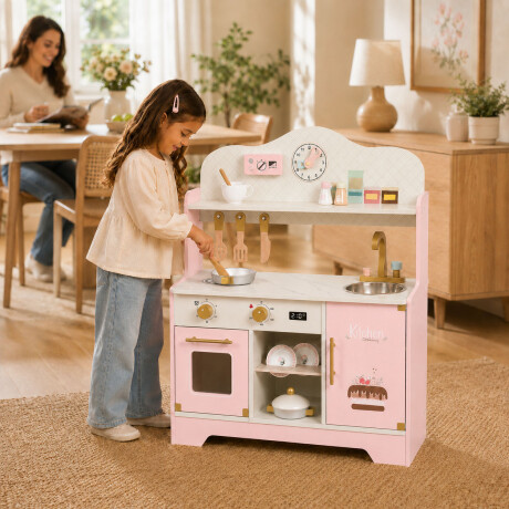 Cocina Infantil De Madera Accesorios Didáctica Duradera Rosa