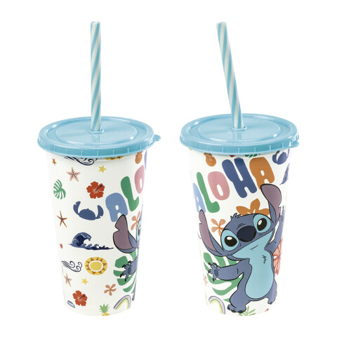 Vaso Plástico con Pajita Stitch Diseños Surtidos 500 ml U