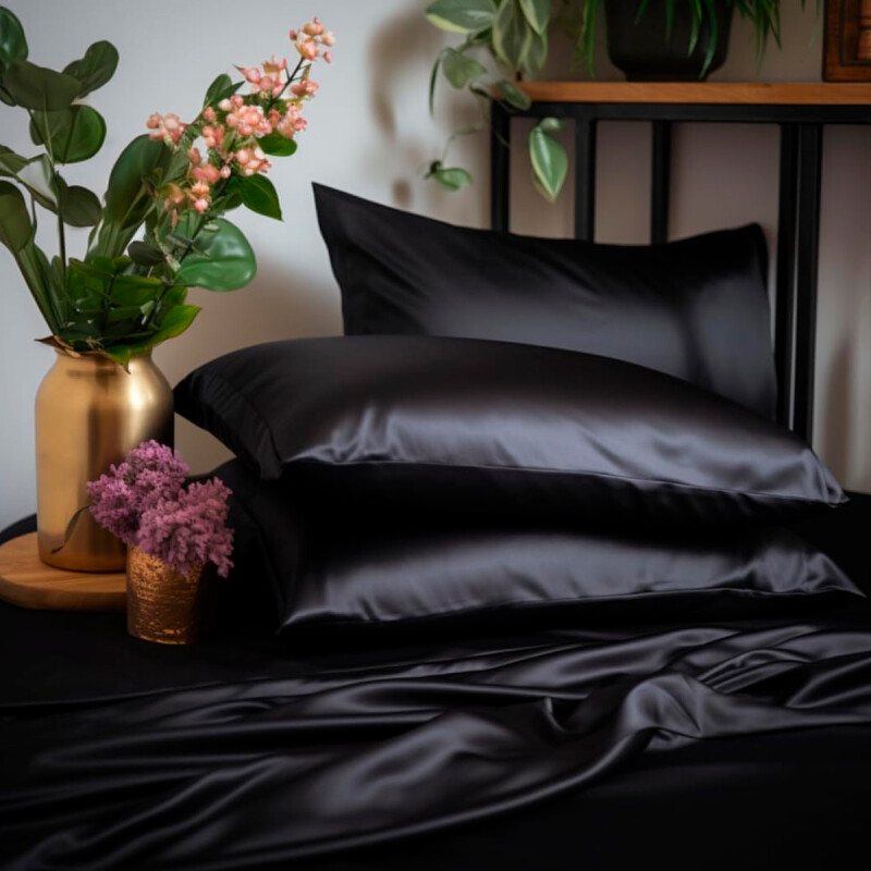 Funda Almohada De Satín Satén Tipo Seda Suave Negro