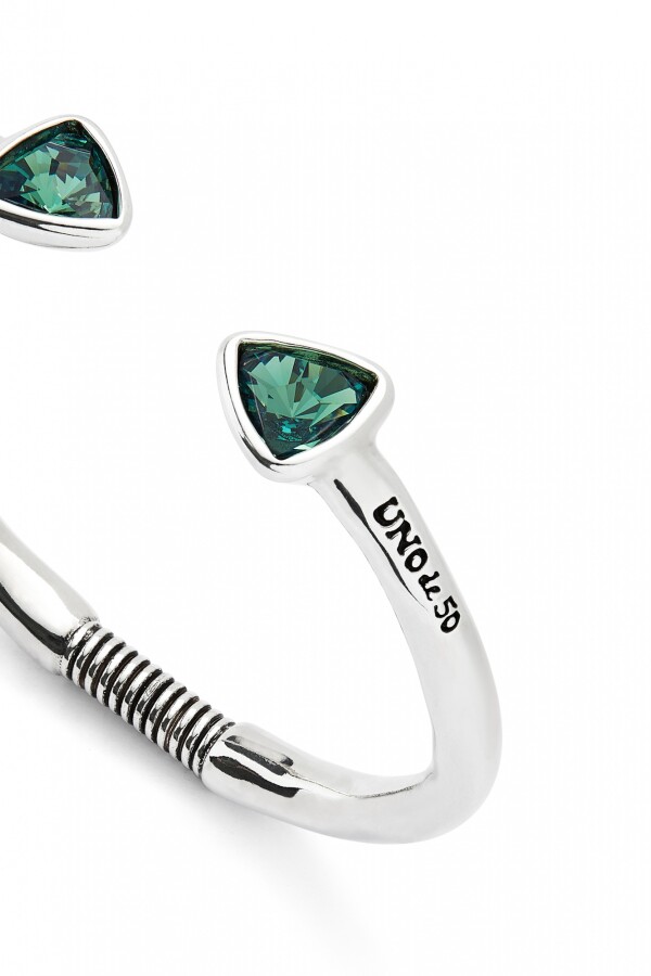 PULSERA RÍGIDA DE ALEACIÓN DE METALES BAÑADA EN PLATA DE LEY CON DOS CRISTALES FACETADOS VERDES Pulsera