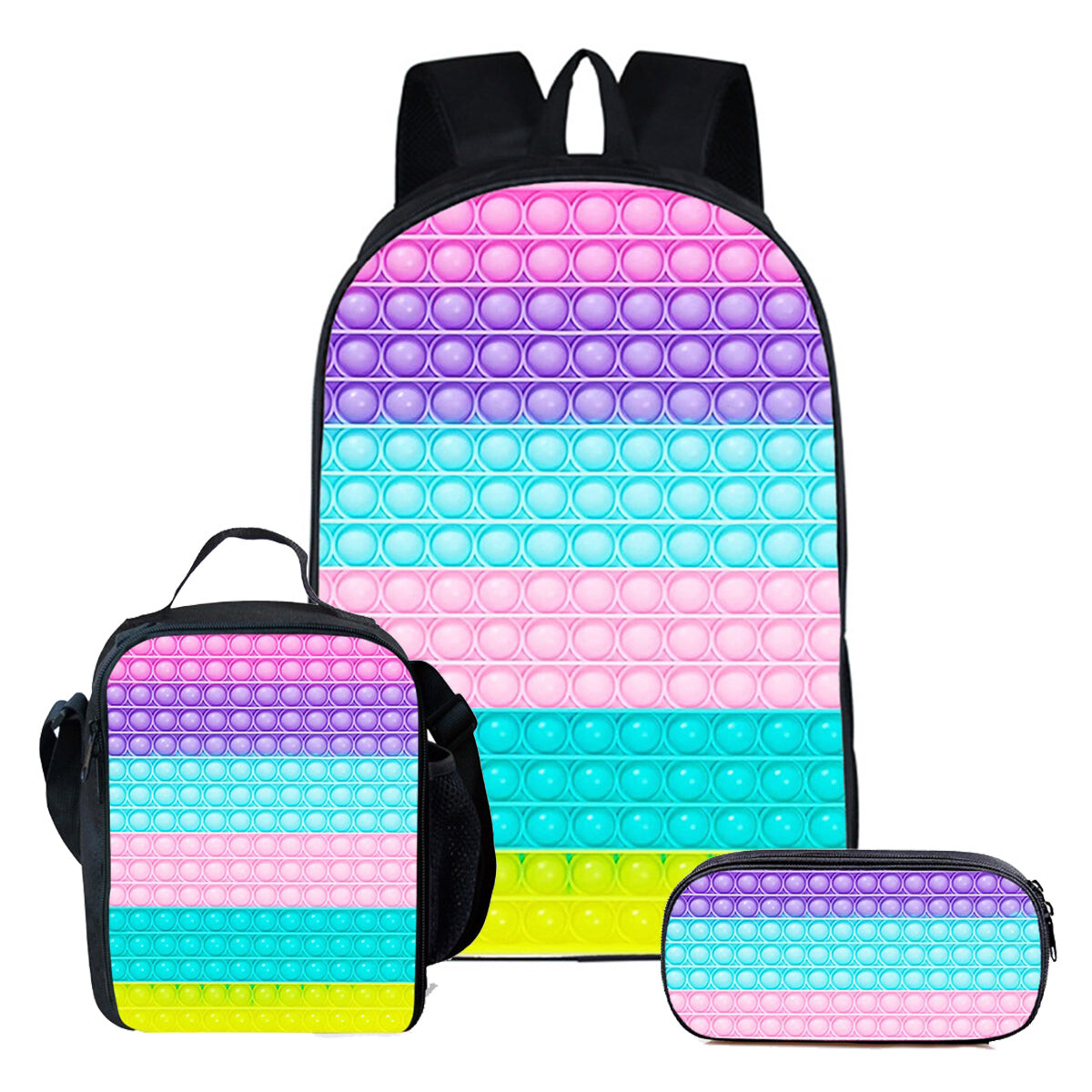 Mochila Pop It 3en1 Estampado + Lunchera + Cartuchera - Rosa 