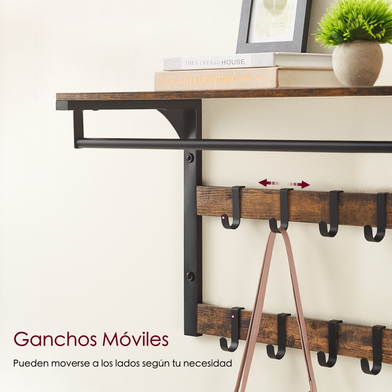 SONGMICS Perchero de Pared con Estante y 10 Ganchos Extraíbles – Para Entrada, Dormitorio o Baño Sin Color