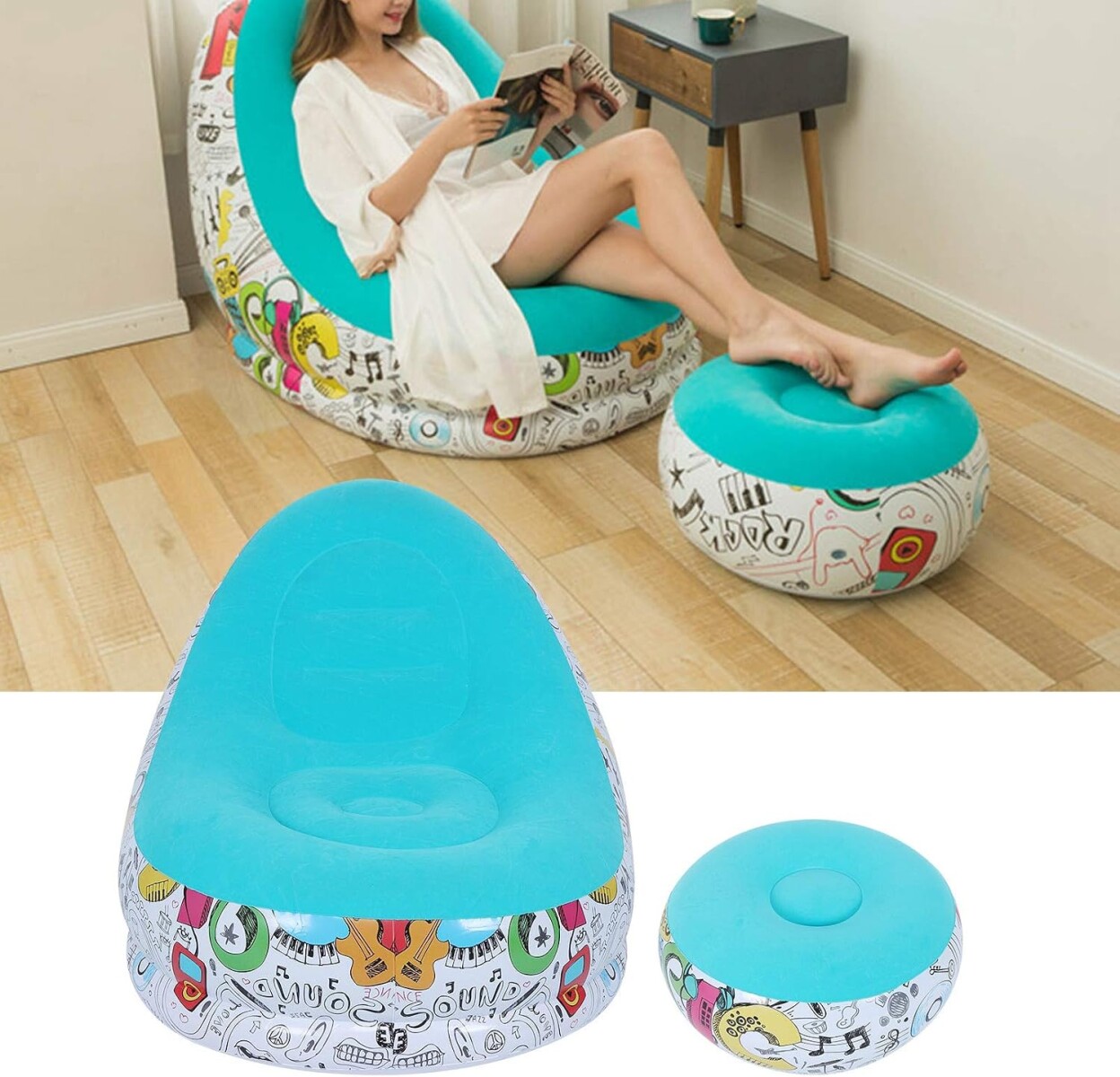 Sillón Inflable Con Puff Sofá Con Apoyapies - Celeste 