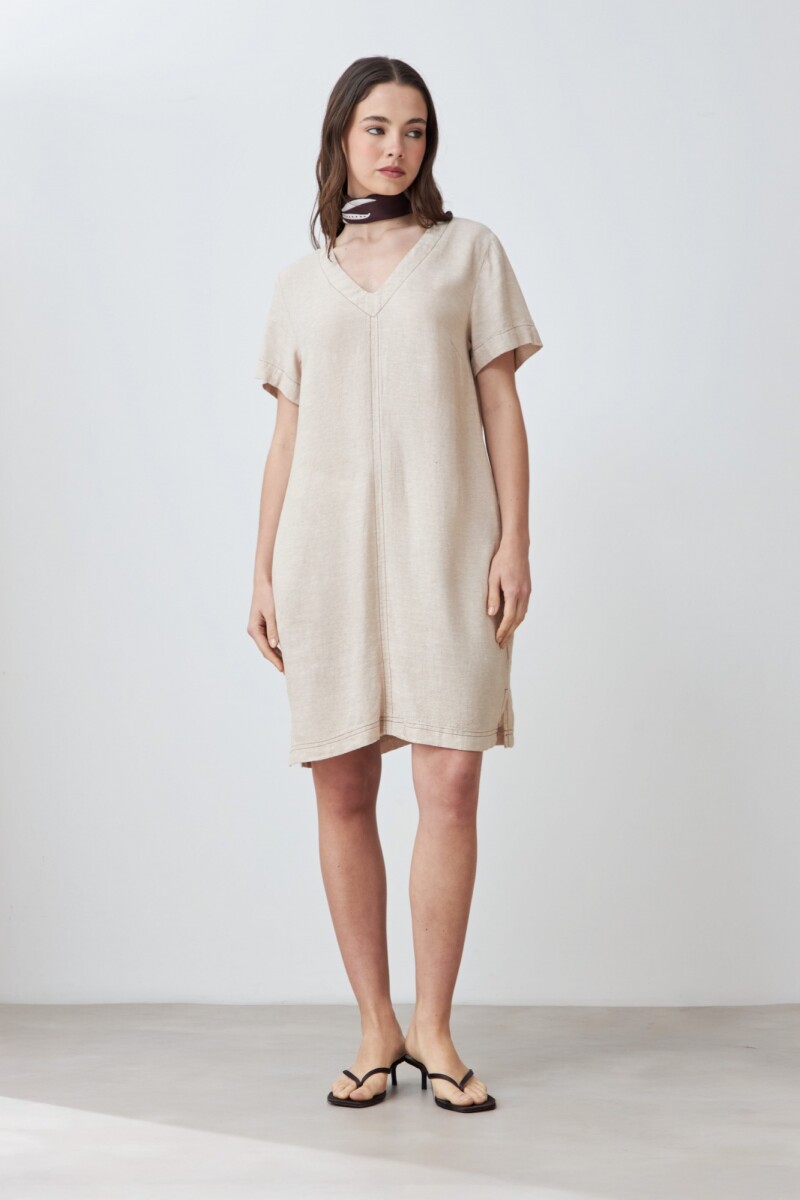 Vestido de lino con pespuntes en contraste beige melange