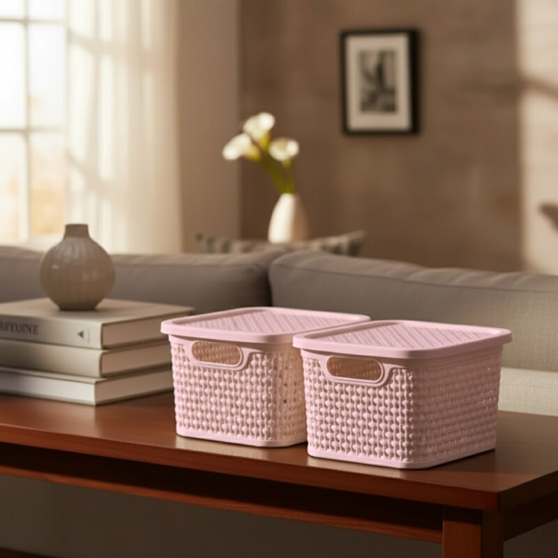 Set x2 Caja simil ratán 2,5 Lts ROSADO