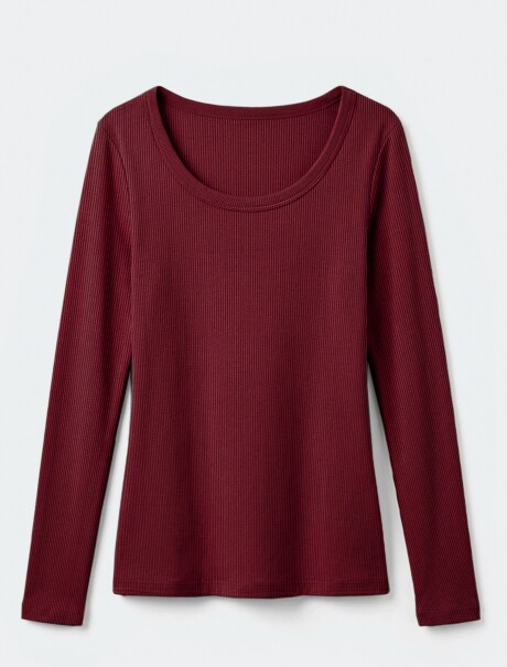 CAMISETA MANGA LARGA ACANALADA - NEGRO BORDEAUX