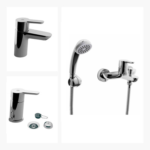 Juego Completo De Griferia,Incluye Ducha Exterior Con Transefrencia, Lavatorio Bajo Y Bidet Linea Puelo Fv 000