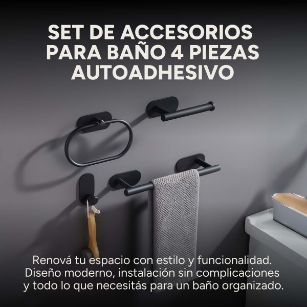 Juego De Accesorio P/ Baño Ducha Set 4 Piezas Autoadhesivo Color Variante Negro