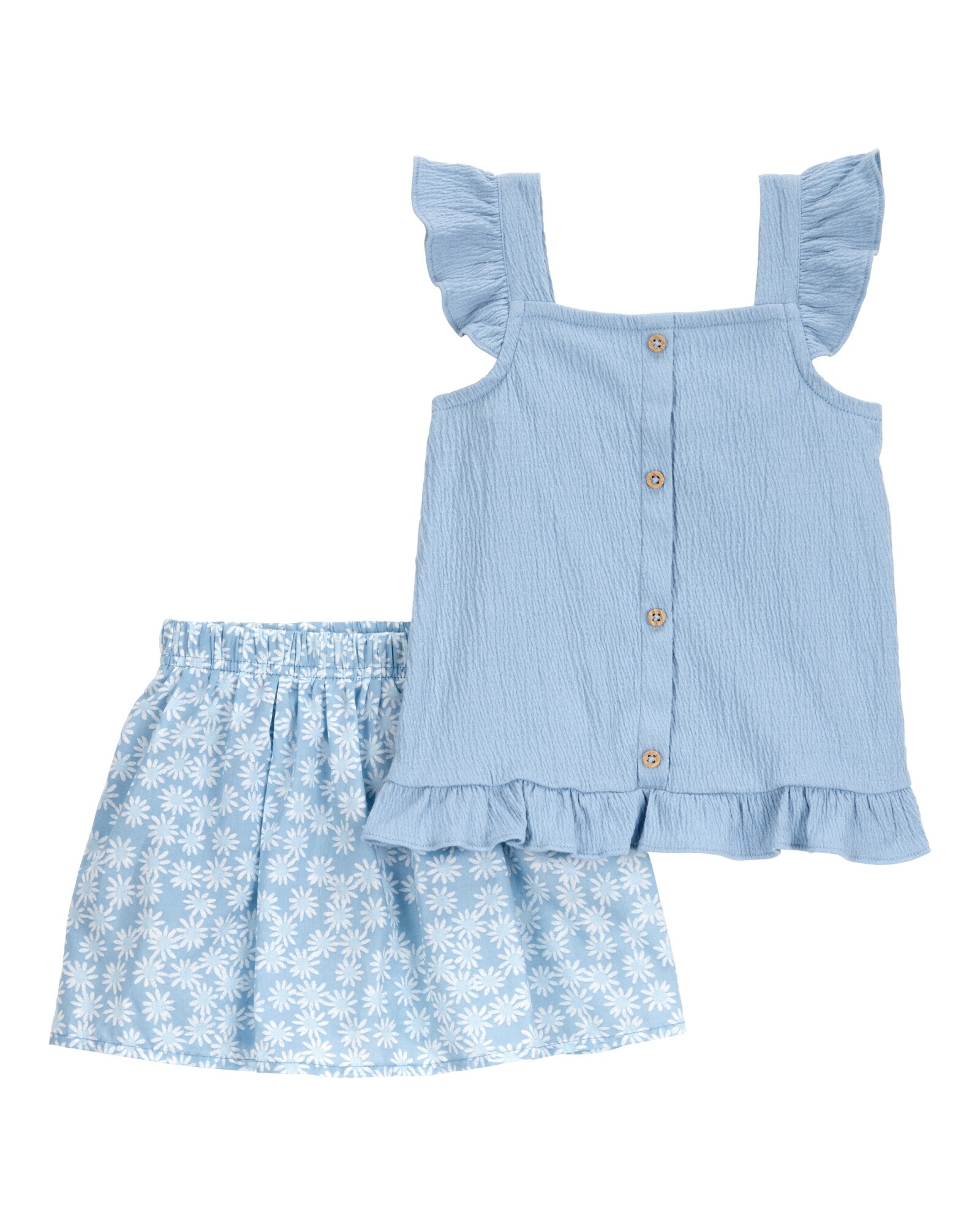Set dos piezas, short pollera de algodón y blusa de jersey arrugado, azul Set dos piezas, short pollera de algodón y blusa de jersey arrugado, azul