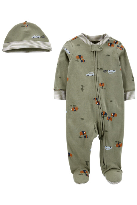 Pijama una pieza de algodón con pie y gorro, diseño búfalos Sin color