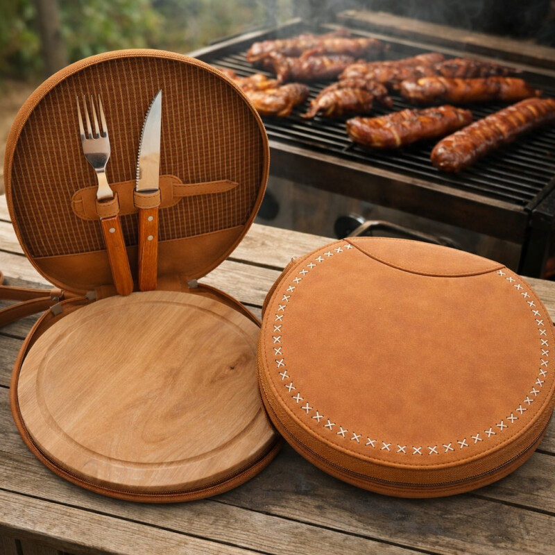 Set Parrillero con Tabla de Madera Cubiertos y Estuche Marrón Claro