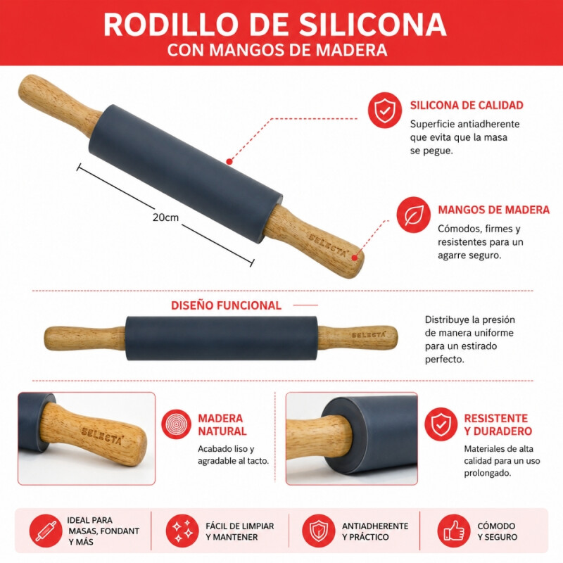 Palote 38 cms madera y silicona GRIS