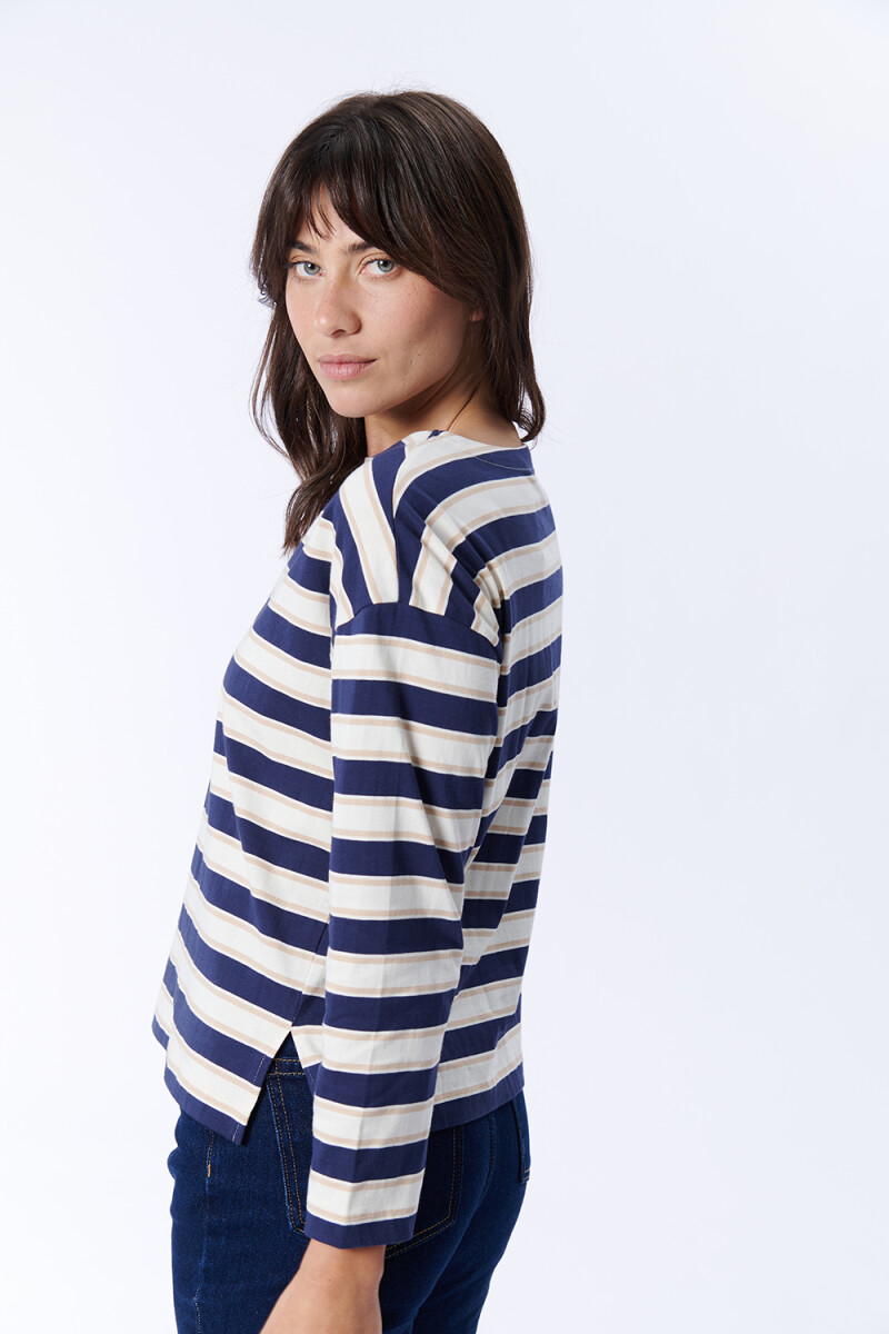 Remera Manga Larga Rayas Crudo Y Azul Marino