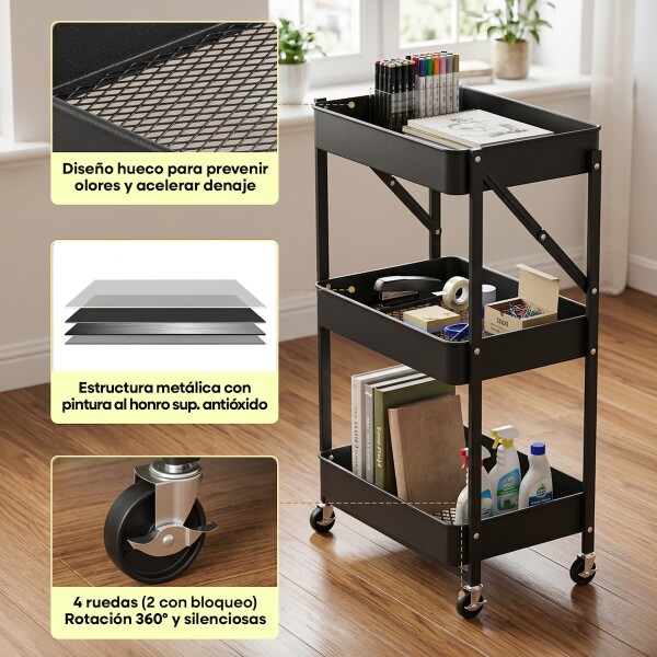 Carro Plegable Carrito Organizador de Metal con 3 Estantes y Ruedas Multiuso IMBACK Color Negro Carro Plegable Carrito Organizador de Metal con 3 Estantes y Ruedas Multiuso IMBACK Color Negro
