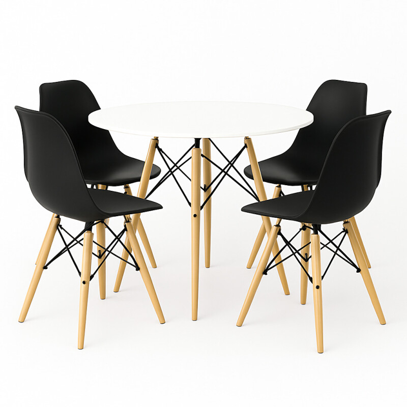 Juego de comedor Con Mesa Circular de 80cm + 4 Sillas Eames Negro/Blanco