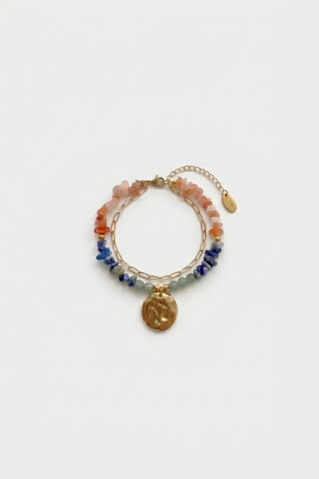Pulsera piedras naturales con dije acero dorado