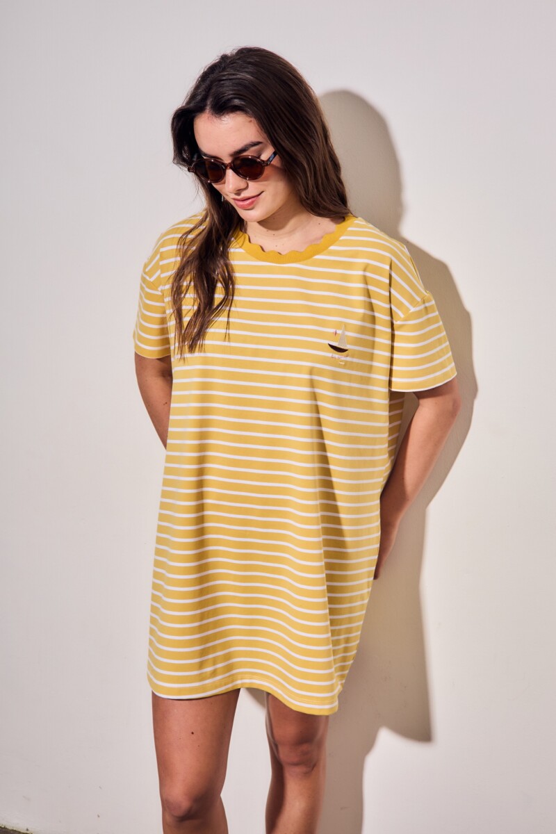Vestido Manga Corta Rayado Amarillo