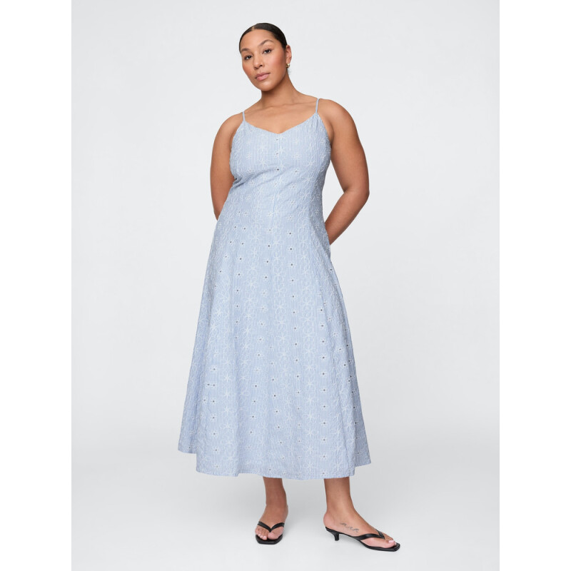 SL V NECK TEXTURED MIDI BLUE STRIPE