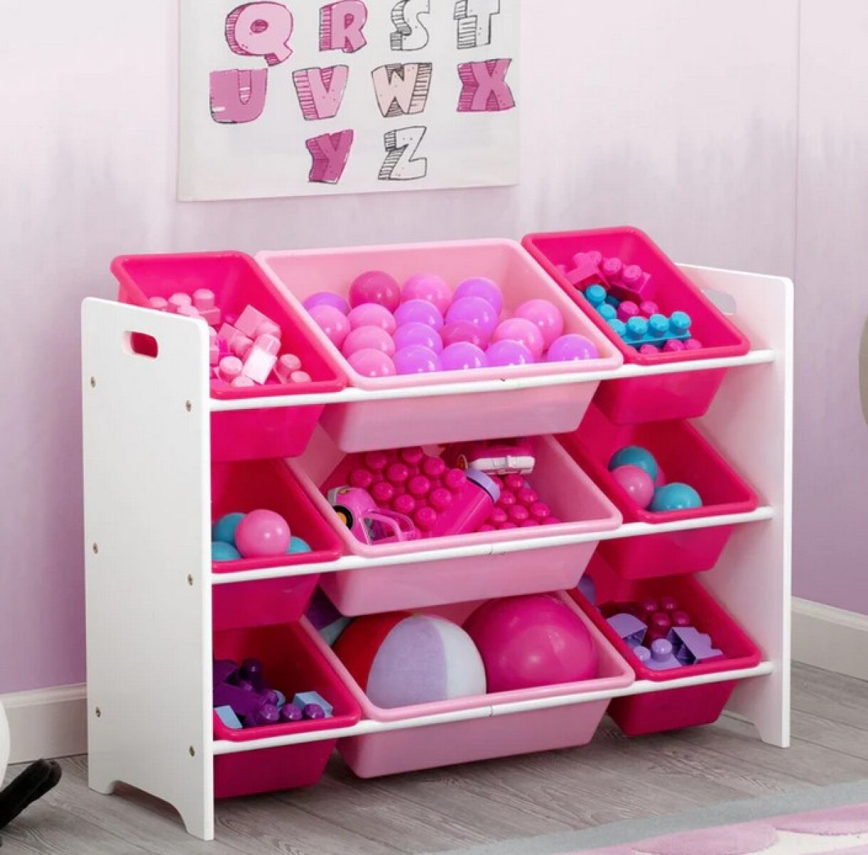 Organizador de 9 contenedores de plástico rosado y fucsia 