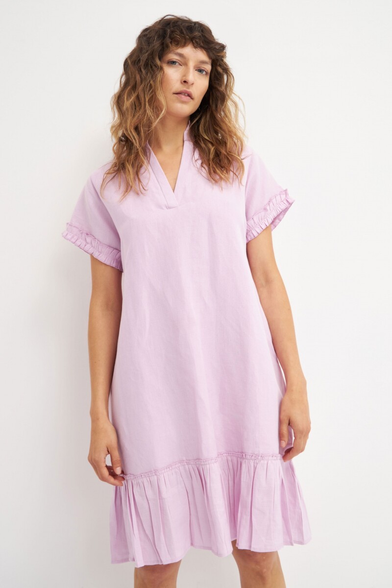 Vestido de lino manga corta con volados lila