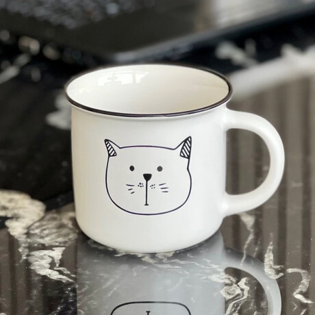 Taza Vintage Carita Gato – Cerámica Blanca con Borde Negro 400ml Simple