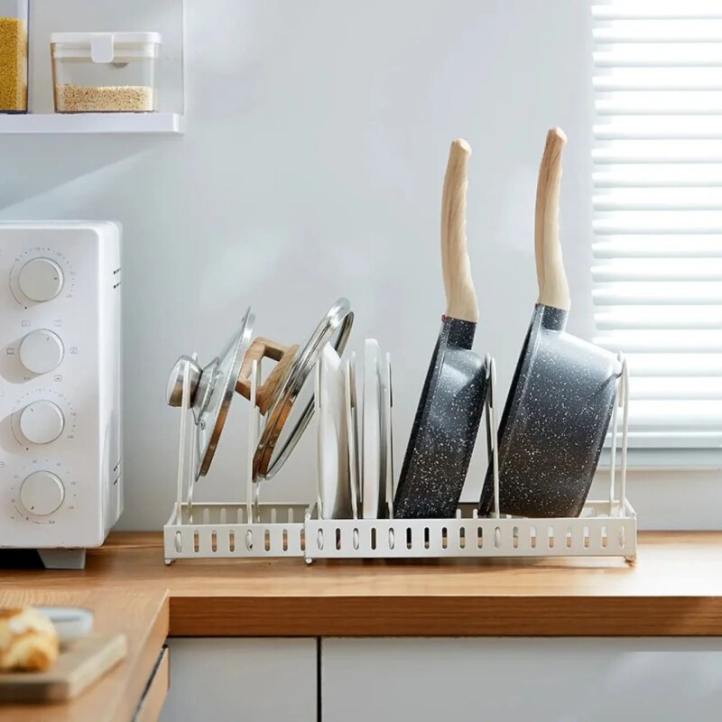Organizador extensible de cocina para ollas y tapas blanco