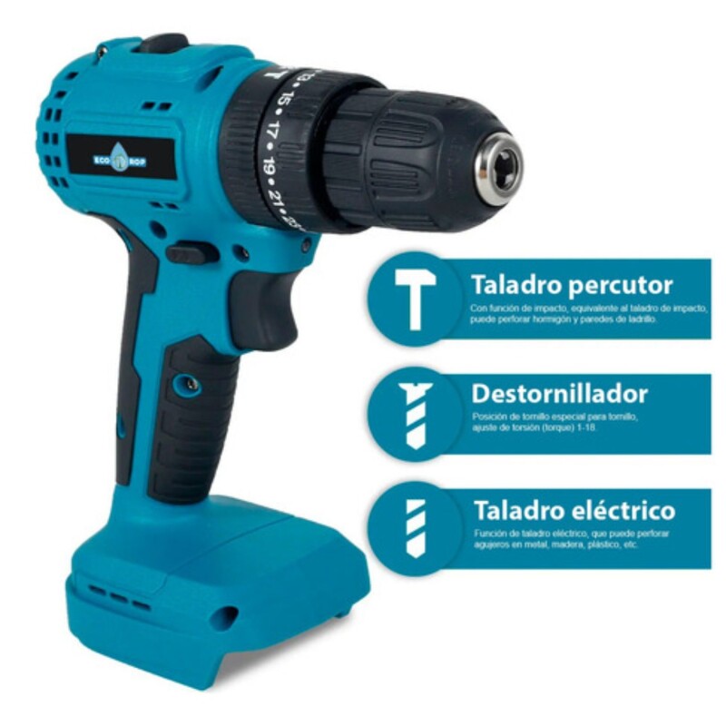 Taladro Percutor Atornillador Ecodrop 10mm + 2 Baterías Taladro Percutor Atornillador Ecodrop 10mm + 2 Baterías